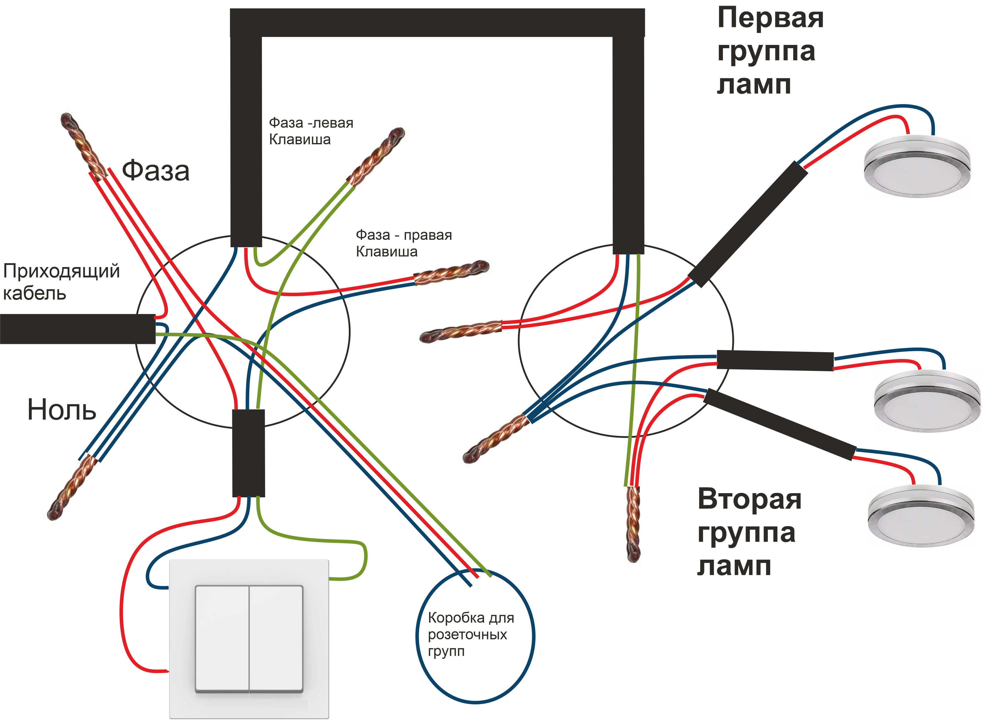 Схема подключения двухклавишного выключателя: в распаечной коробке, с 3 проводами