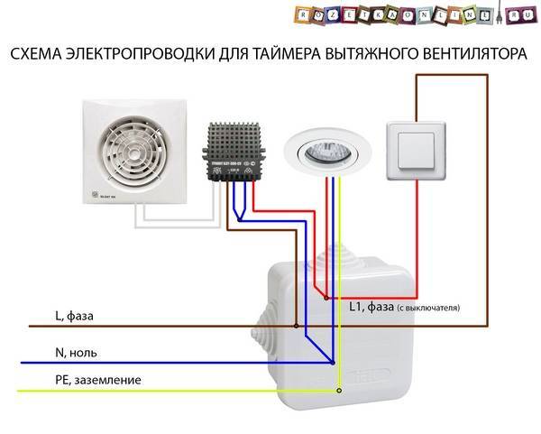Как подключить вентилятор в ванной к выключателю: с таймером, через лампочку