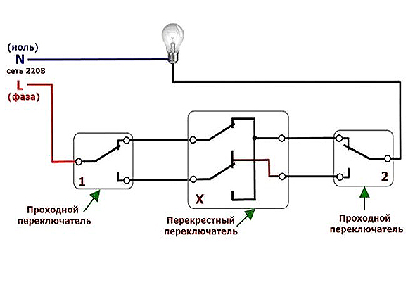 Подключение проходного выключателя схема с трех мест