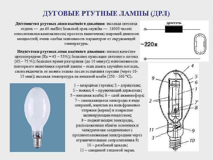 Подключение ламп ДРЛ на 125, 250, 400 Ватт и их технические характеристики