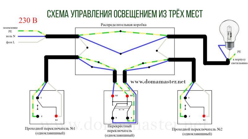 Схема подключения проходного выключателя с 3х мест (фото, видео)