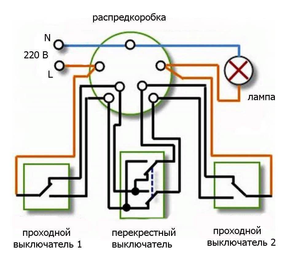 Схема подключения проходного выключателя с 2х мест