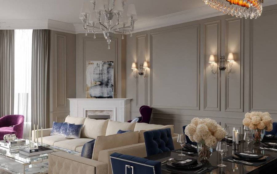 Неоклассика в интерьере квартиры, неоклассический стиль гостиной, варианты потолка в нео классик