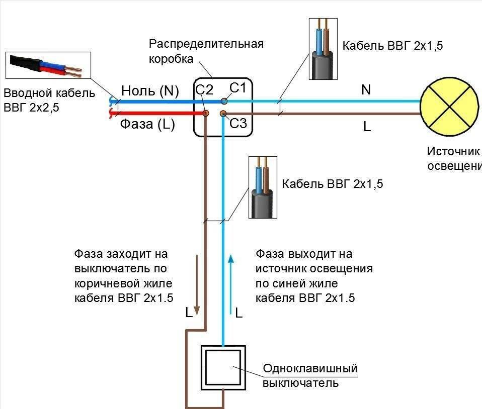 Схема подключения выключателя и розетки от одного провода
