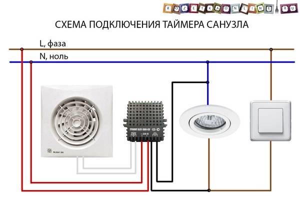 Электросхема и этапы подключения вытяжного вентилятора (с таймером и без) в ванной и туалете к выключателю