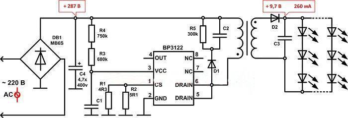 Схемы подключения светодиодов к 220в и 12в