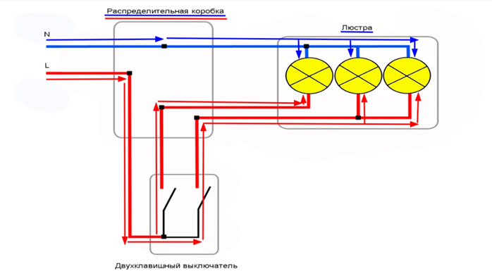 Cхема подключения двухклавишного проходного выключателя (переключателя)