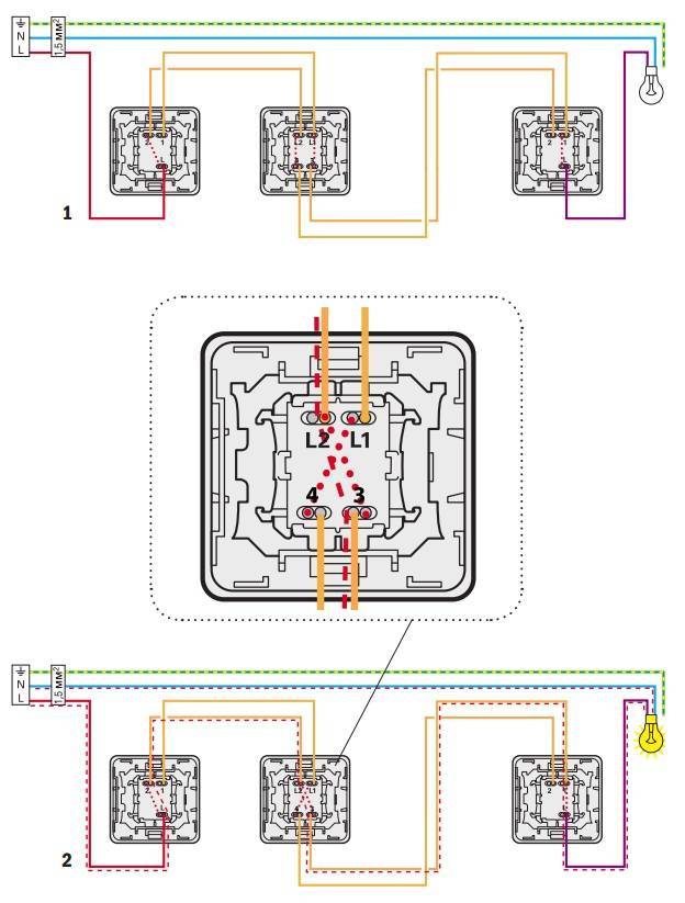 Подключение двухклавишного проходного выключателя с трех мест