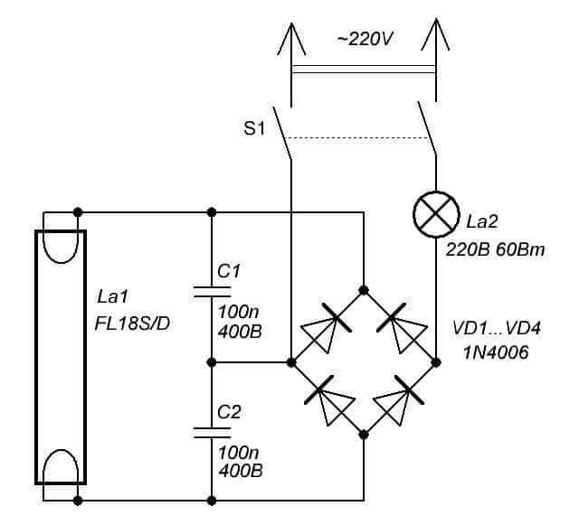 Подробная схема подключения люминесцентной лампы, устройство 