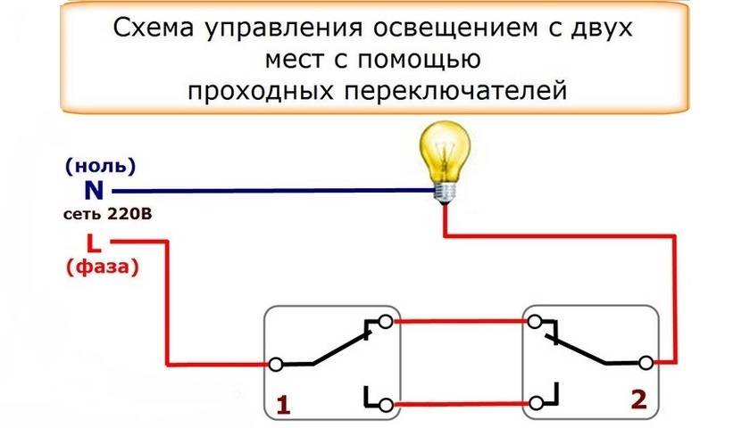 Простая схема проходного выключателя с двух мест на одну лампочку