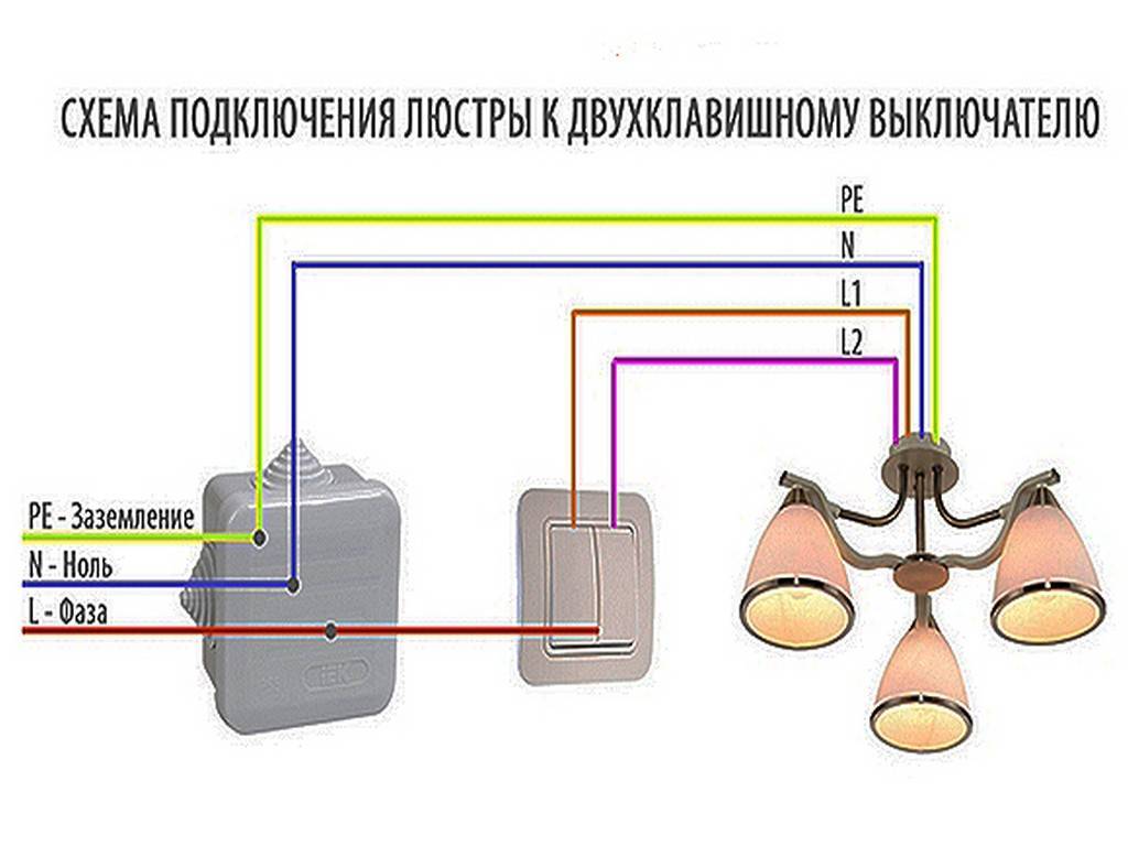 Схема подключения люстры на двухклавишный выключатель