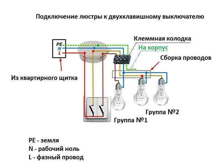Порядок и схема подключения люстры к двойному выключателю
