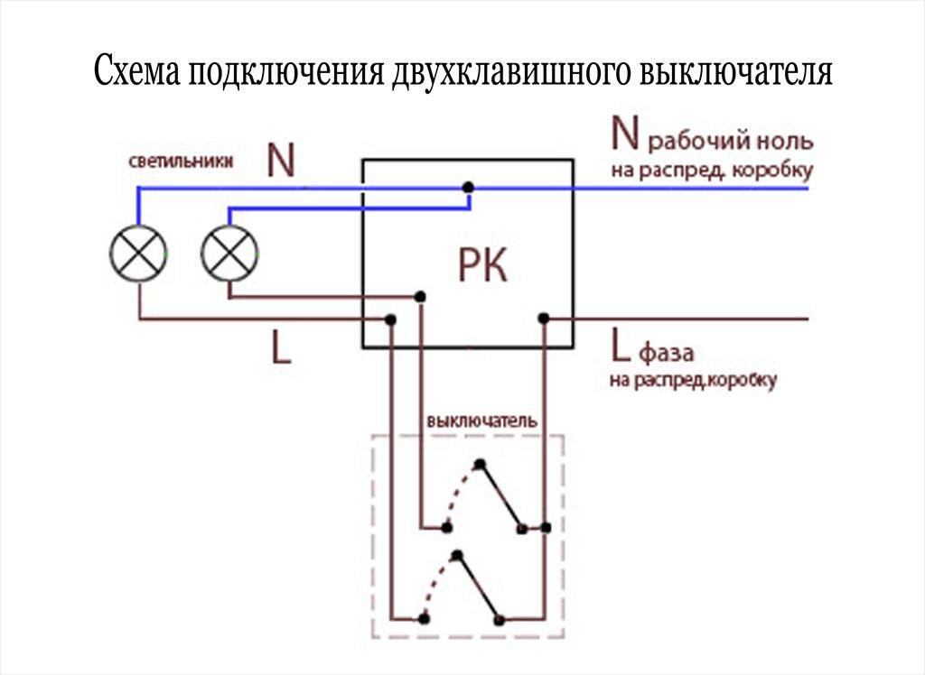 Схема подключения двухклавишного выключателя: на две лампочки, к люстре